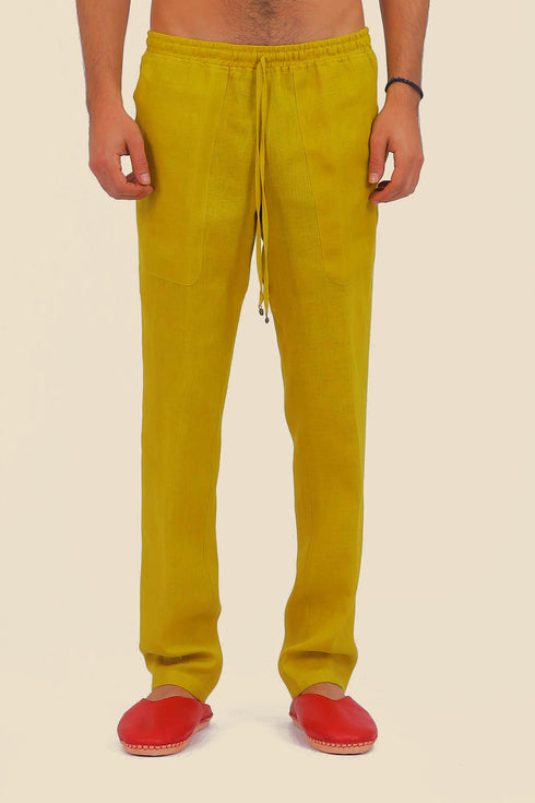 Straight leg linen pants with elastic waistline